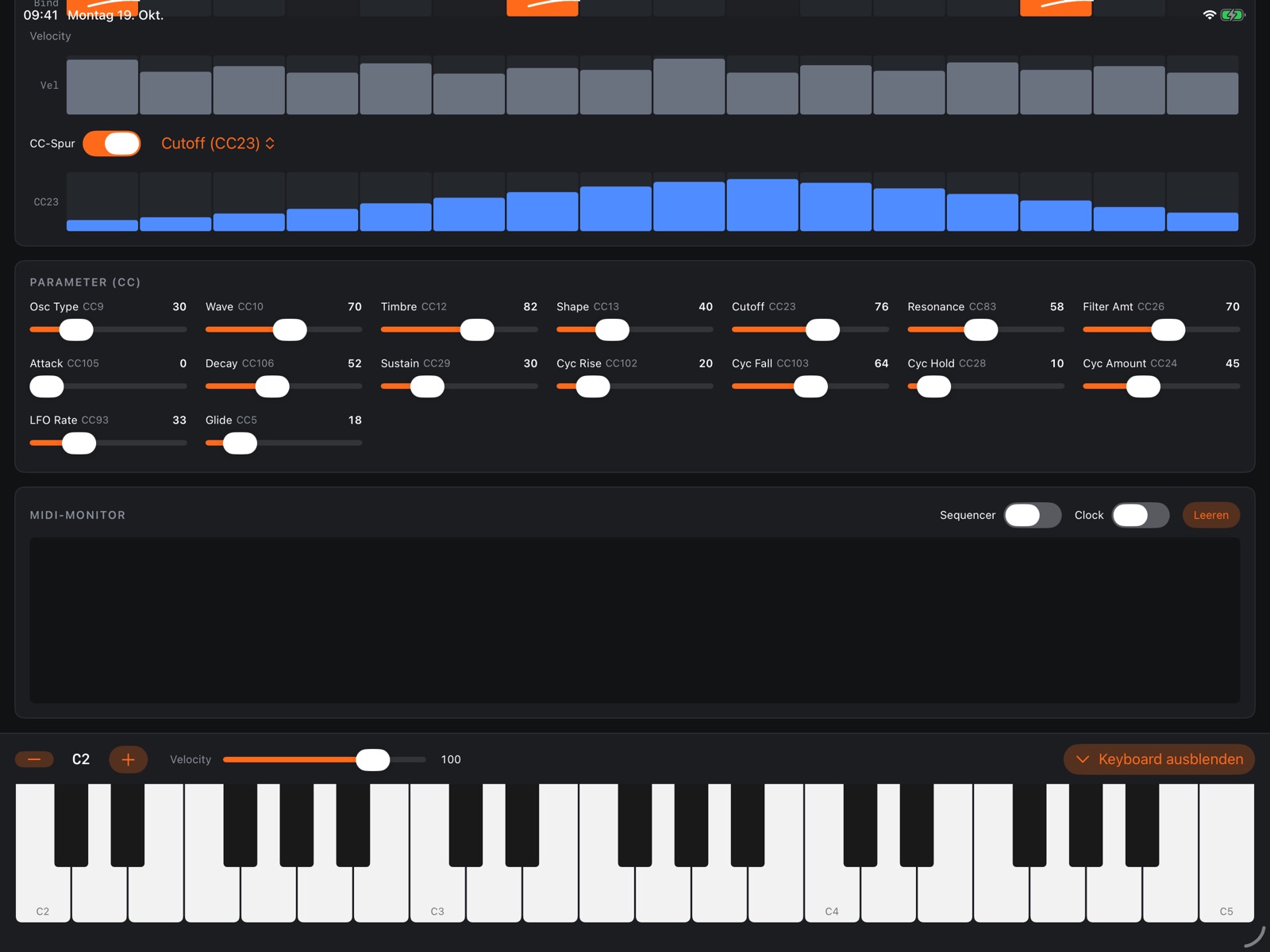 Parameter-Slider, MIDI-Monitor und Keyboard